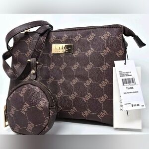 Nicole Miller Brown Logo Gold Hardware Shoulder Crossbody Bag Purse W Pouch